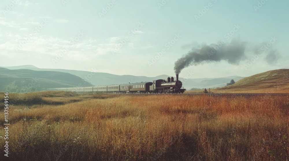 Obraz premium Steam train travels through golden fields under blue skies.