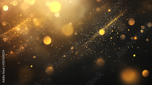 Festive golden confetti swirling in midair, creating a blurred and dynamic effect against a dark background. Abstract dark background with golden bokeh lights and dust particles.