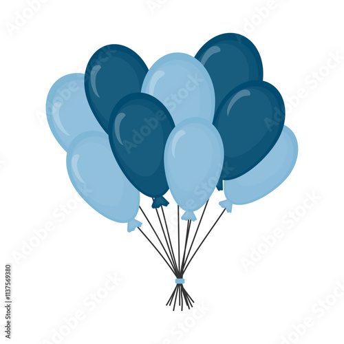 Bunch of blue and light blue balloons isolated on transparent and white background. Vector illustration. Balloons flying in the sky. Close-up element for father's day and birthday design decoration.
