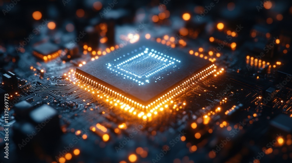A close-up shot of a glowing blue CPU processor on a circuit board with orange lights. A close-up shot of a glowing blue CPU processor on a circuit board with orange lights.