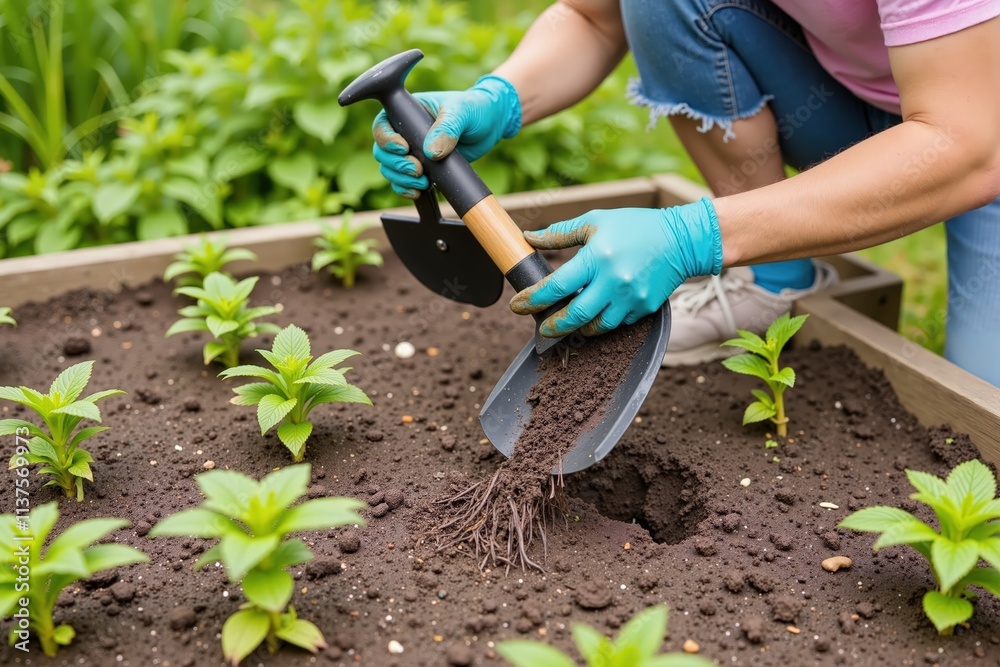 Naklejka premium Gardener planting seedlings with shovel in raised bed garden for sustainable homegrown vegetables