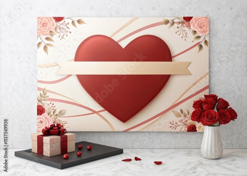 Red Heart Gift Box with Ribbon and Gold Frame for Valentine's Day Celebration