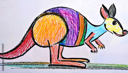 Child's Whimsical Crayon Drawing of a Kangaroo with a Giant Pouch photo