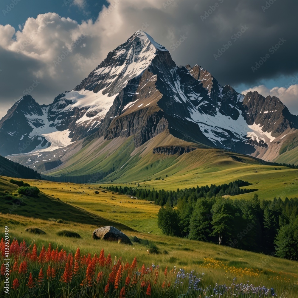 Obraz premium Majestic snow-capped mountain landscape with green meadows and red flowers, perfect for travel or adventure themes.