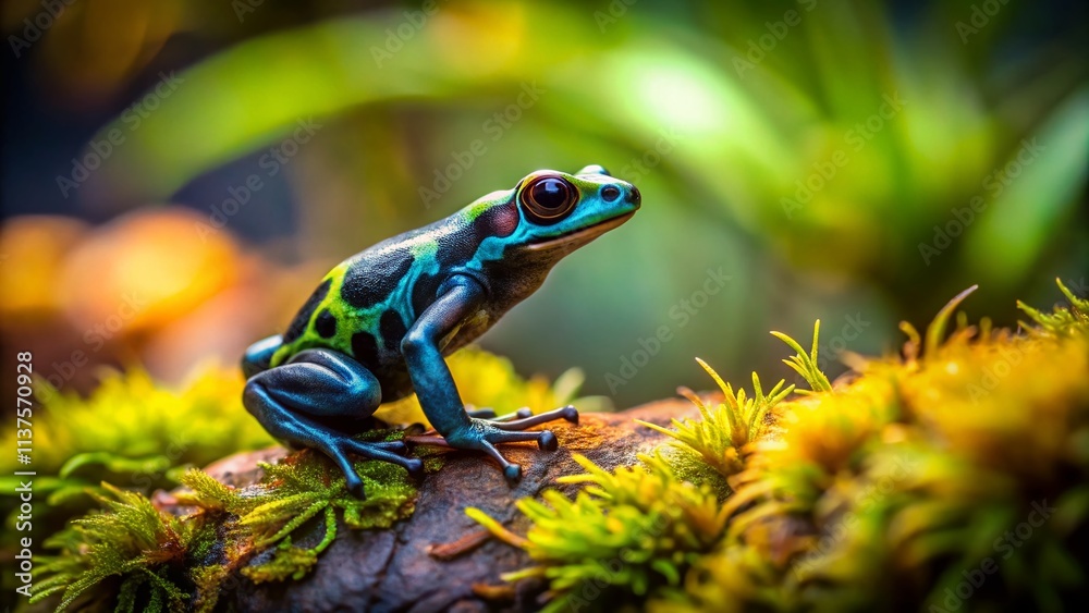 Miniature Black & Green Poison Dart Frog on Mossy Stone - Tilt-Shift Photography Miniature Black & Green Poison Dart Frog on Mossy Stone - Tilt-Shift Photography