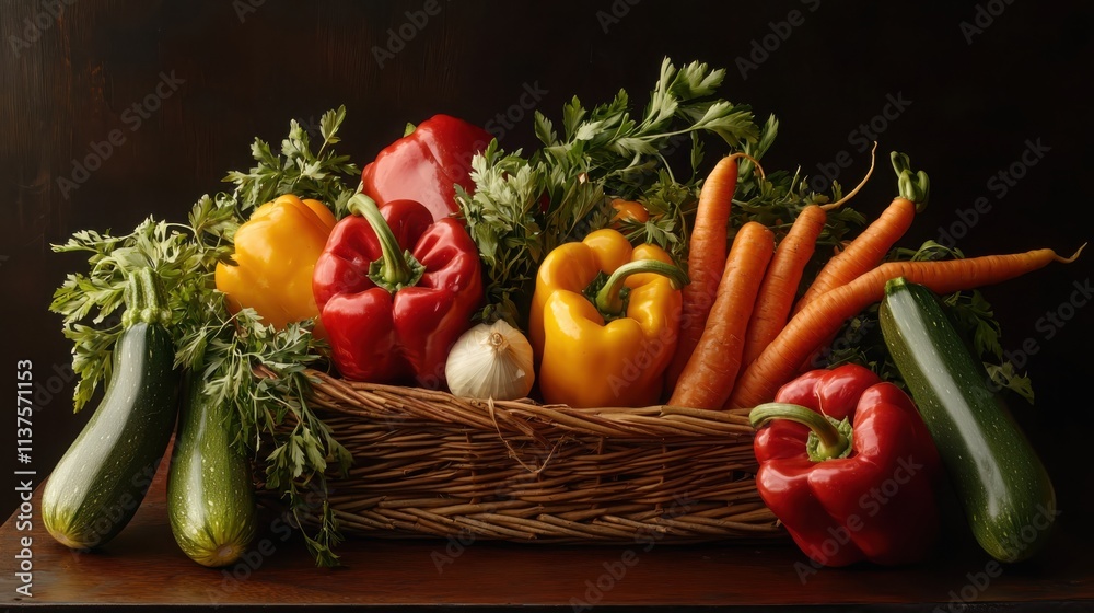Artistic display of vibrant vegetables in a basket on dark wood background for culinary inspiration Artistic display of vibrant vegetables in a basket on dark wood background for culinary inspiration