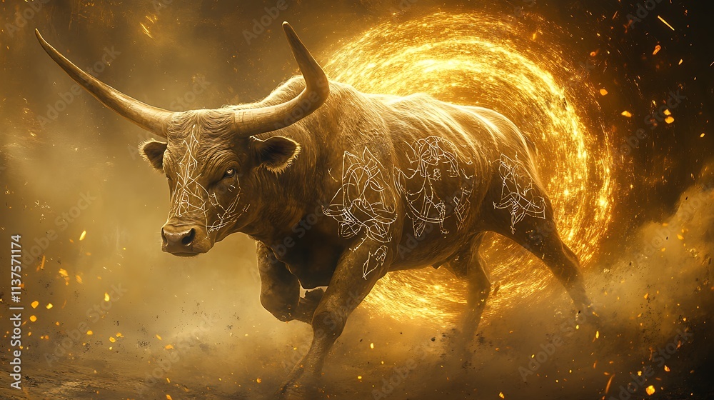 A legendary bull with intricate glowing white runes, charging from a celestial portal surrounded by soft golden light, magical aura illuminating the scene, dreamlike and ethereal, A legendary bull with intricate glowing white runes, charging from a celestial portal surrounded by soft golden light, magical aura illuminating the scene, dreamlike and ethereal,