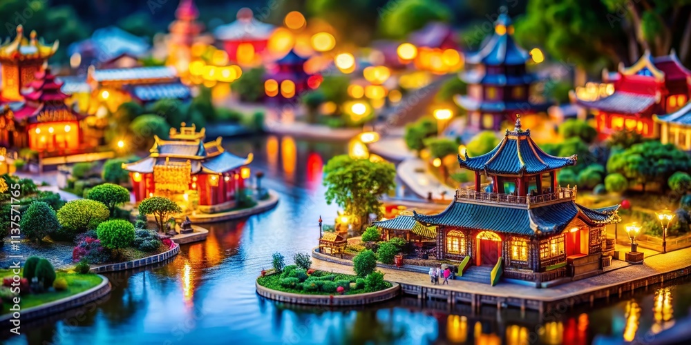 Fototapeta premium Miniature World, Tilt-Shift Photography, Empty Background, Diorama, Small Scale, Fantasy Landscape, Surreal Scene, Tiny World, Macro Photography, Background Blur, Focus Stacking, 