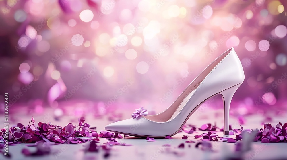 Exquisite minimalist white high heel pumps with a smooth flawless surface adorned with scattered confetti and surrounded by a soft dreamy bokeh of pink and purple lighting Exquisite minimalist white high heel pumps with a smooth flawless surface adorned with scattered confetti and surrounded by a soft dreamy bokeh of pink and purple lighting