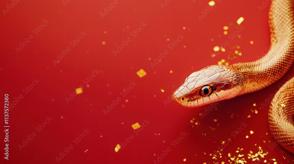 Cute little snake, Chinese New Year theme, on a red background with golden confetti. Cute little snake, Chinese New Year theme, on a red background with golden confetti.