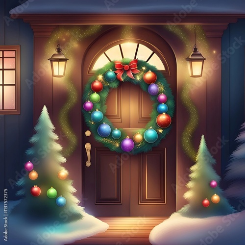 A festive Christmas tree adorned with sparkling ornaments, twinkling lights, and a golden star, casting a warm glow on the winter night