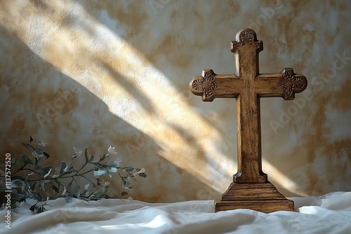 Wooden cross symbolizing faith illuminated by sunlight on a textured background photo