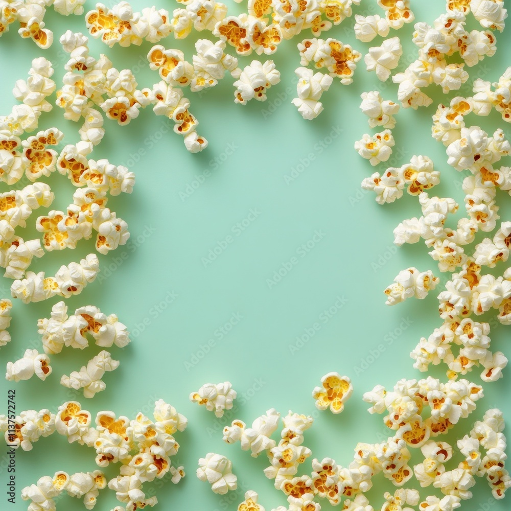 Fototapeta premium Popcorn frame on turquoise background.