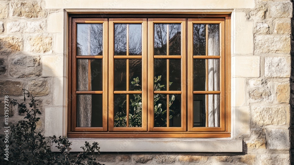 Obraz premium Wooden window with four panes in stone wall.