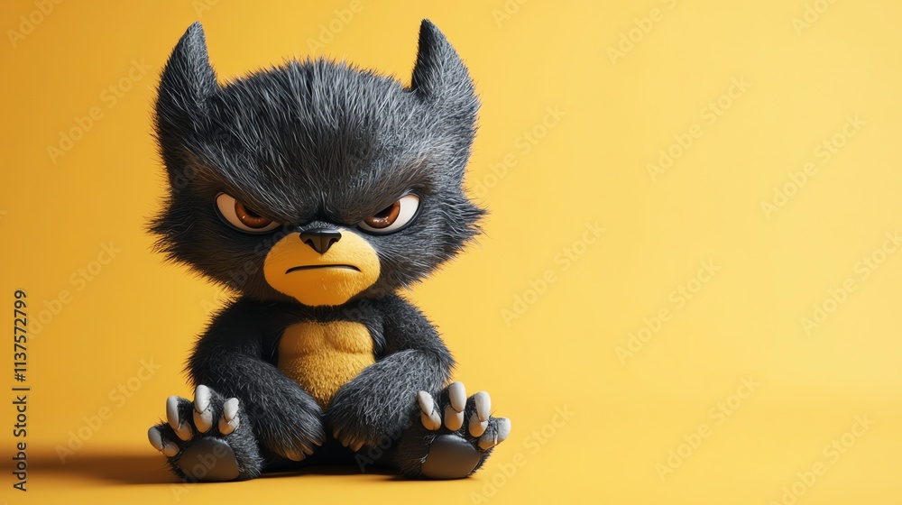 A 3D-rendered cartoon black furry creature with a mean expression, sitting on a yellow background. A 3D-rendered cartoon black furry creature with a mean expression, sitting on a yellow background.
