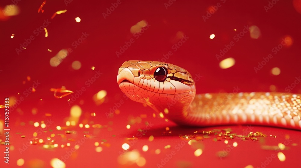 Cute little snake, Chinese New Year theme, on a red background with golden confetti. Cute little snake, Chinese New Year theme, on a red background with golden confetti.