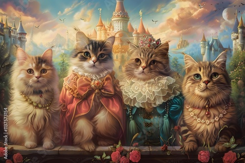 A group of cats dressed in royal attire pose for a picture