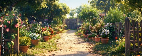 A cozy village garden path lined with potted flowers, rustic wooden fences, and lush greenery under a clear afternoon sky