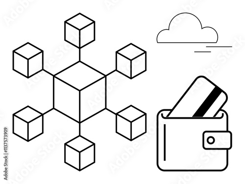 Geometric blockchain network connected by cubes alongside a wallet containing a card and a cloud. Ideal for finance, blockchain technology, cryptocurrency, digital transactions, cloud computing