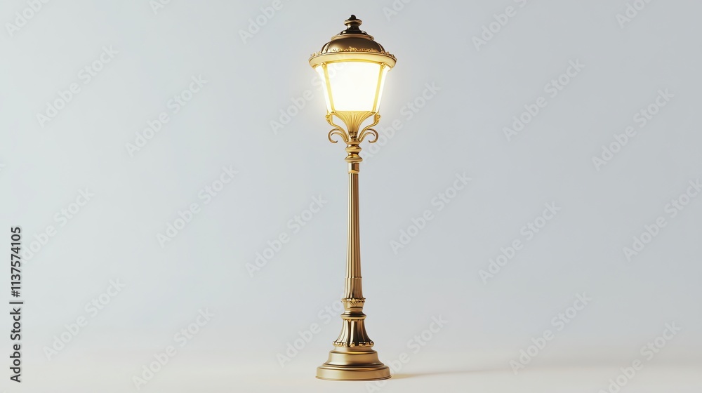 A golden street lamp with a lit glass globe on a white background. A golden street lamp with a lit glass globe on a white background.