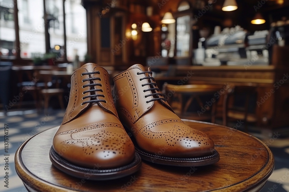 Close-up of men's beautiful brown shoes standing on a table, against the background of a cozy store. Close-up of men's beautiful brown shoes standing on a table, against the background of a cozy store.