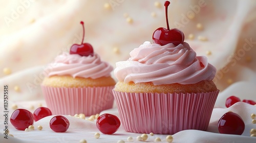 Two delicious pink cherry cupcakes.