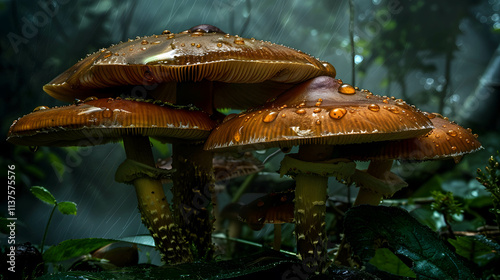 Rain-Drenched Mushrooms in a Misty Forest