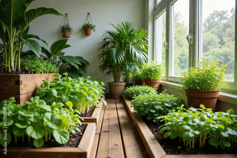 Lush indoor herb garden with natural light and wooden planters Lush indoor herb garden with natural light and wooden planters