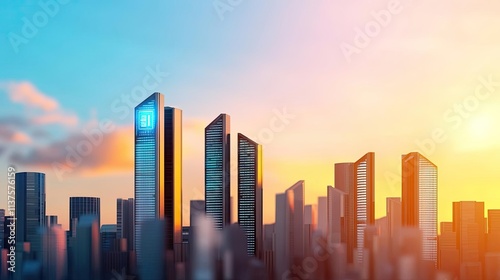 Weather forecast idea. Modern skyline at sunset showcasing impressive skyscrapers and vibrant colors.