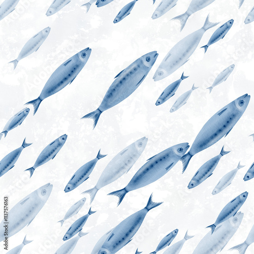 Sardine fish in diagonal swimming seamless pattern in stylized watercolor illustration on a transparent background for the holiday sardine funeral,fish restaurants,posters,fish markets and stores
