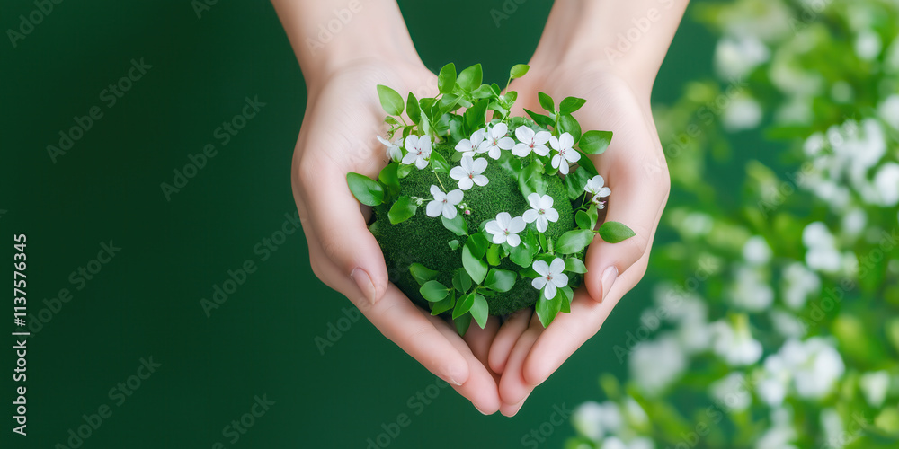 Hands holding a green globe with white flowers symbolizing nature and environmental care Hands holding a green globe with white flowers symbolizing nature and environmental care