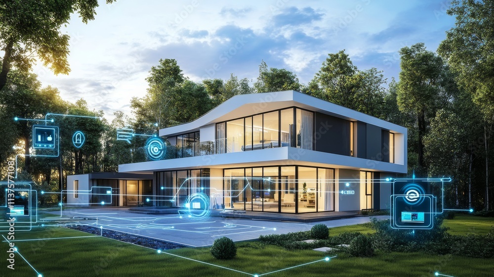 A modern, smart home surrounded by nature, showcasing sleek architecture and digital interfaces for enhanced connectivity. A modern, smart home surrounded by nature, showcasing sleek architecture and digital interfaces for enhanced connectivity.