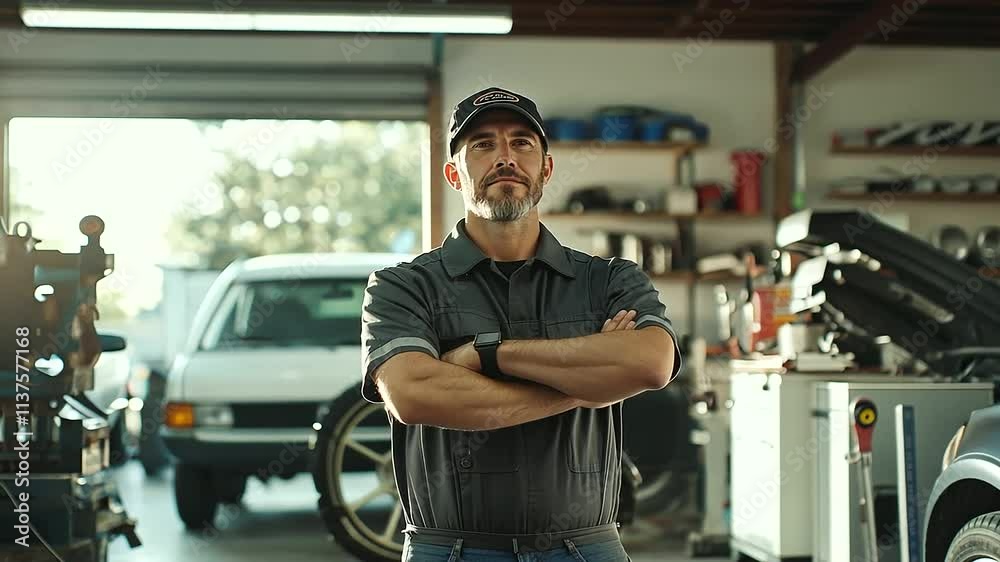 Professional Mechanic Standing Confidently in Modern Garage Professional Mechanic Standing Confidently in Modern Garage