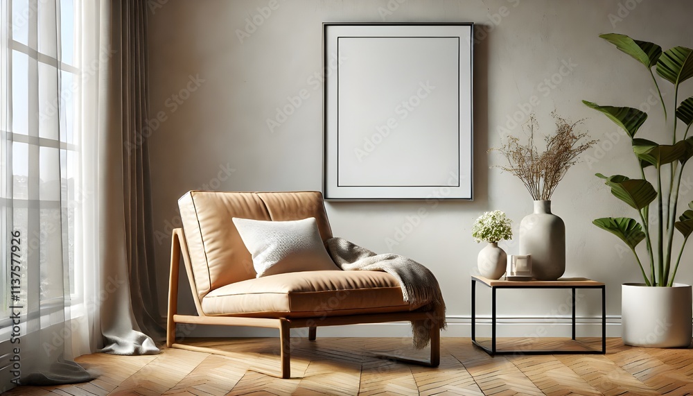 Fototapeta premium Modern Living Room Interior with Brown Leather Sofa and Floor Lamp