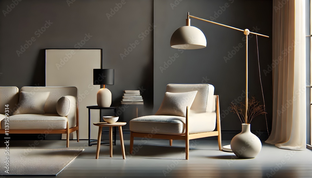 Obraz premium Modern Living Room Interior with Floor Lamp and Neutral Tones
