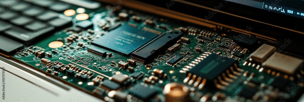 Open laptop reveals internal computer circuit board. Open laptop reveals internal computer circuit board.