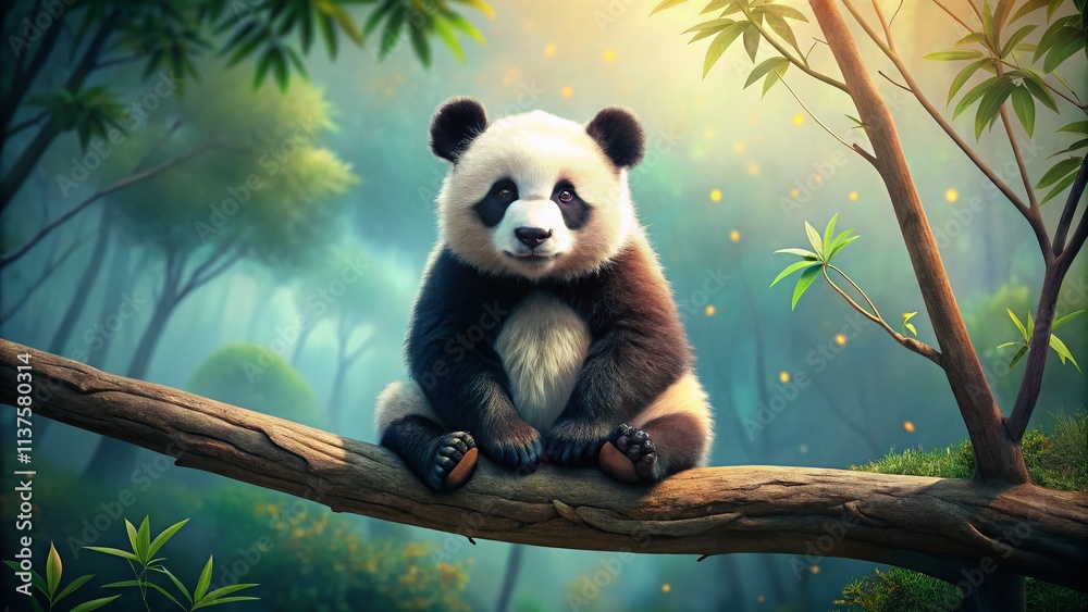 Fototapeta premium Minimalist Panda Tree, Cute Cartoon Panda Sitting on Branch, Simple Panda Illustration, Peaceful Nature Scene