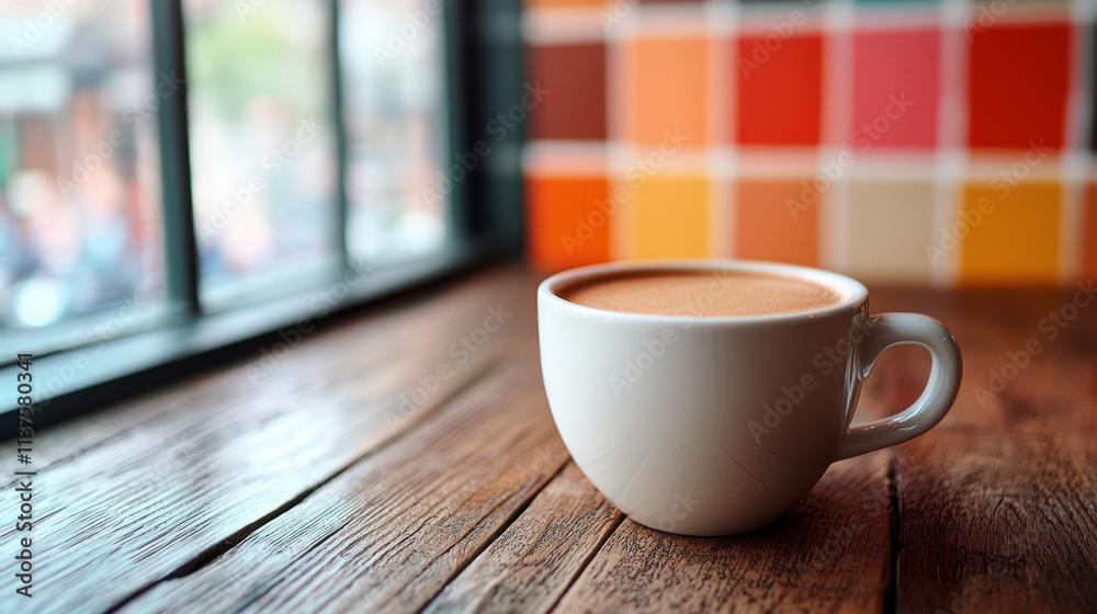 A white coffee cup sits on a wooden table with a view of the street outside A white coffee cup sits on a wooden table with a view of the street outside