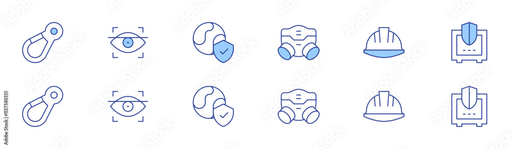 Safety icon set in two styles, Duotone and Thin Line style. Editable stroke. gas mask, carabiner, eye scan, environment protection, helmet, safe box Safety icon set in two styles, Duotone and Thin Line style. Editable stroke. gas mask, carabiner, eye scan, environment protection, helmet, safe box