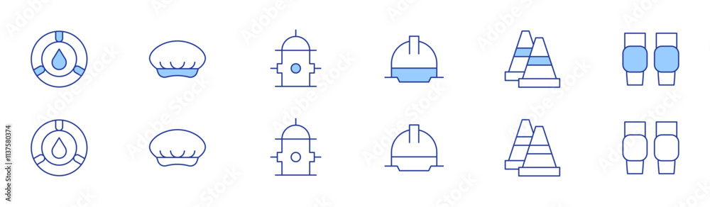 Safety icon set in two styles, Duotone and Thin Line style. Editable stroke. helmet, sprinkler, cone, cover, fire hydrant, knee pads Safety icon set in two styles, Duotone and Thin Line style. Editable stroke. helmet, sprinkler, cone, cover, fire hydrant, knee pads