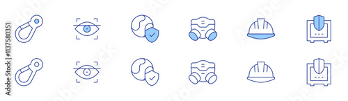 Safety icon set in two styles, Duotone and Thin Line style. Editable stroke. gas mask, carabiner, eye scan, environment protection, helmet, safe box