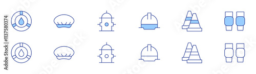 Safety icon set in two styles, Duotone and Thin Line style. Editable stroke. helmet, sprinkler, cone, cover, fire hydrant, knee pads