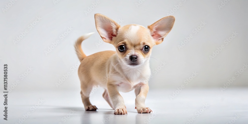 Minimalist Photography of a Chihuahua Puppy Walking on a White Surface, Showcasing the Puppy’s Playful Nature and Delicate Features in a Clean, Simple Environment Minimalist Photography of a Chihuahua Puppy Walking on a White Surface, Showcasing the Puppy’s Playful Nature and Delicate Features in a Clean, Simple Environment