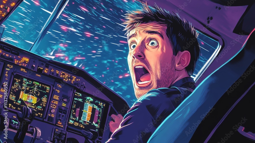 Obraz premium Terrified pilot, cockpit, streaks outside, emergency.