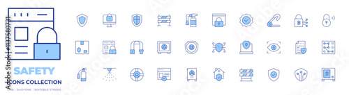 Safety icons collection. Line Duotone style, editable stroke. shield, online security, safety, strong box, extinguisher, home, lifeguard, website, sprinkler, safety belt, safety box