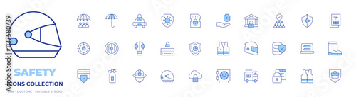 Safety icons collection. Line Duotone style, editable stroke. safety, target, gas mask, helmet, shield, firefighter helmet, fire extinguisher, server, safety box, fire truck, vest