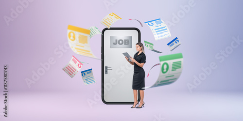 Woman holding a tablet near a door labeled 