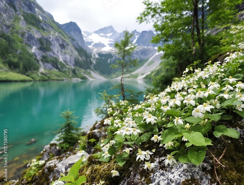 Beautiful wild trillium flowers growing in the rocky terrain by the lake, rocky landscape, floral close-up, North American plant life photo