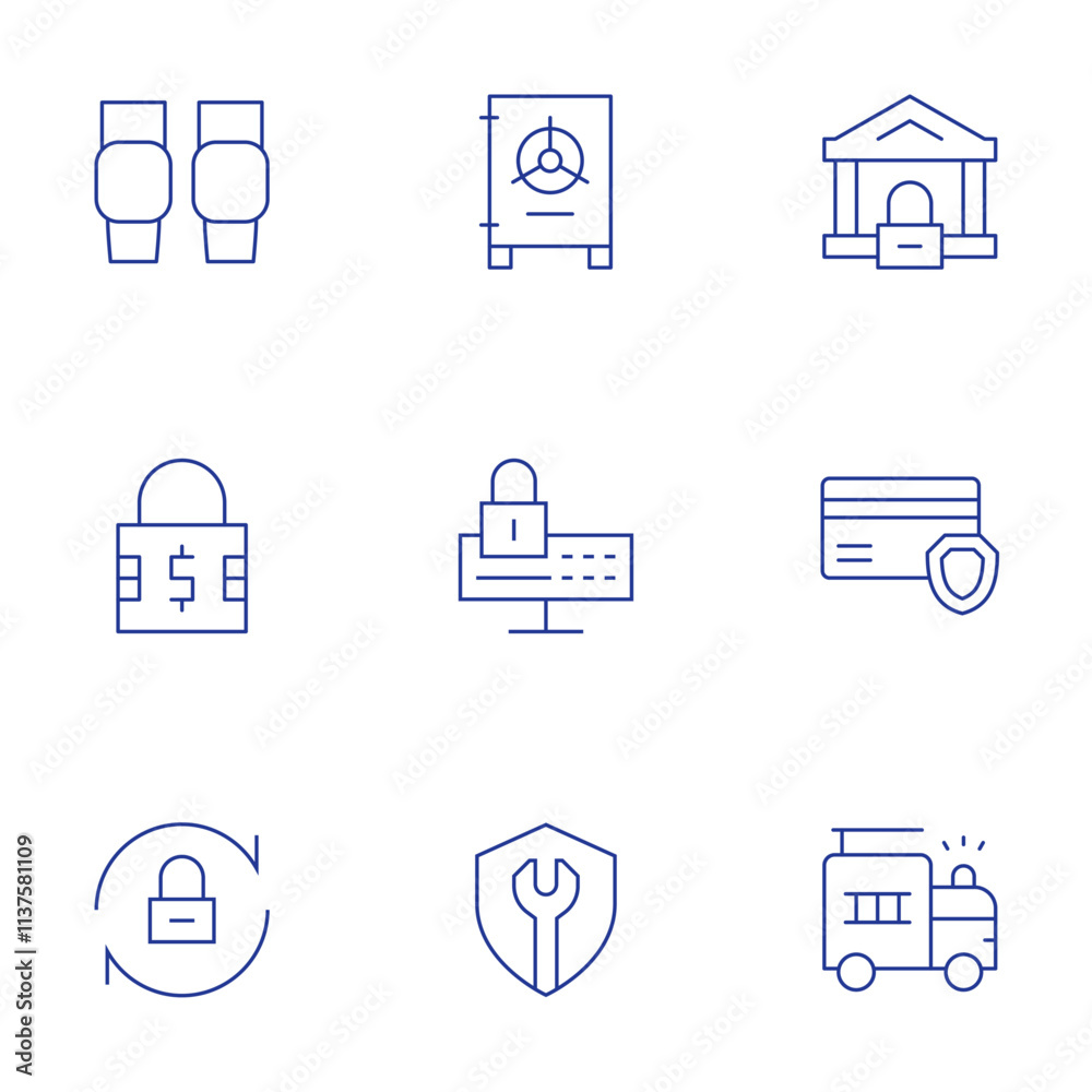 Safety icons set. Thin Line style, editable stroke. bank, credit card, fire truck, knee pads, padlock, reset, safety box, server, shield Safety icons set. Thin Line style, editable stroke. bank, credit card, fire truck, knee pads, padlock, reset, safety box, server, shield
