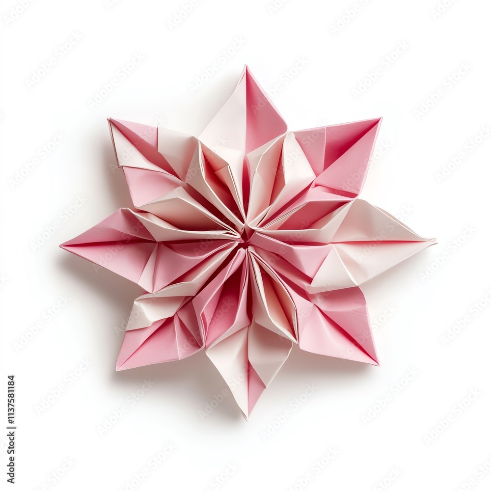 A beautifully crafted origami star made from pink and white paper, showcasing intricate folds and a stunning geometric design, perfect for decoration or artistic inspiration. white background. A beautifully crafted origami star made from pink and white paper, showcasing intricate folds and a stunning geometric design, perfect for decoration or artistic inspiration. white background.